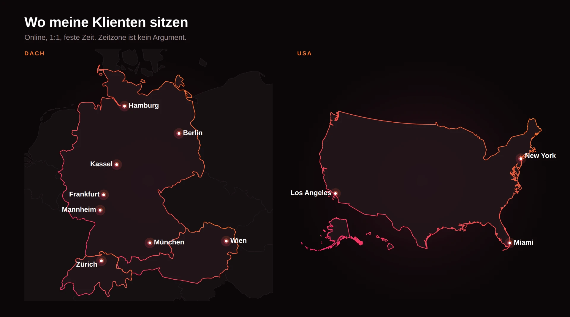 Karte der Klientenstandorte im DACH-Raum und in den USA